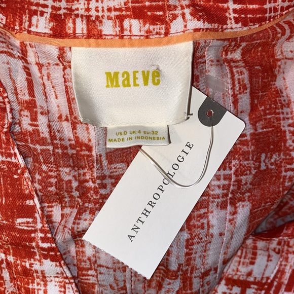 Anthro Red-Orange Abstract Print Pin-tuck Babydoll Peasant Blouse Top - Picture 9 of 11